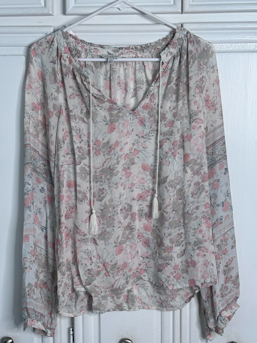 Lucky Brand Cream Blush Floral Peasant Blouse sz M